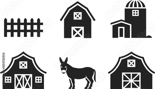 Rustic farmhouse vector icon set featuring traditional barn silhouettes wooden fence and donkey for rural agriculture and ranch branding
