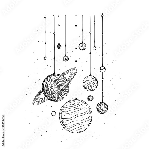 Crocheted Cosmos: Handcrafted Solar System Mobi | Clean, isolated vector art for creative projects.