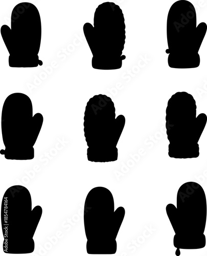 Winter mittens art vectors and Set of black warm gloves icon silhouette collections