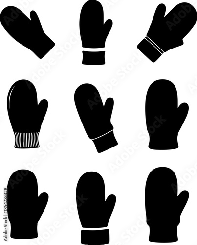 Winter mittens art vectors and Set of black warm gloves icon silhouette collections