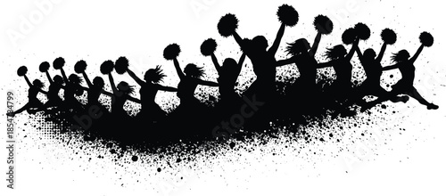 Cheerleader silhouette vector, dynamic poses, pom-pom performance, black and white contrast, synchronized jump, energetic routine, team spirit, sports celebration, artistic splash