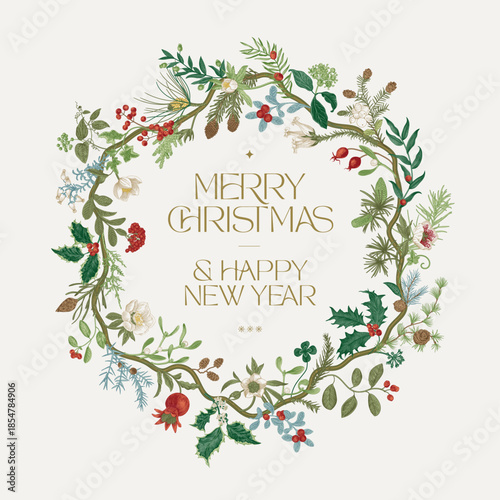 
Winter flora. Vintage wavy circle wreath. Merry Christmas and Happy New Year. Greeting floral card. Colorful