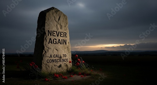 Monument with text in dramatic landscape never again call to conscience
