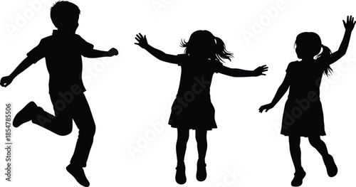 Children jumping silhouette vector, playful dance pose, black illustration, joyful movement, expressive kids, energetic art, fun activity, childhood motion, celebration