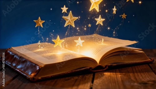 open book with magical light and sparkling stars rising from pages perfect for international day of education