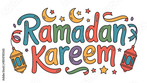 Ramadan Kareem Illustration: Colorful illustration conveys the blessings of Ramadan, complete with crescent moons, stars, and lanterns. The image radiates a sense of peace and spirituality.