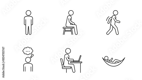 Daily Routine and Activities, Symbolizing Personal Life, Work Life, Study Life, Leisure Time with Travel Time, Office Time, Communication Time, and Rest Time, Vector Isolated