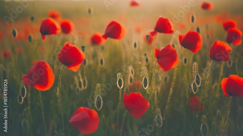 Vibrant red poppies field in sunlight nature background