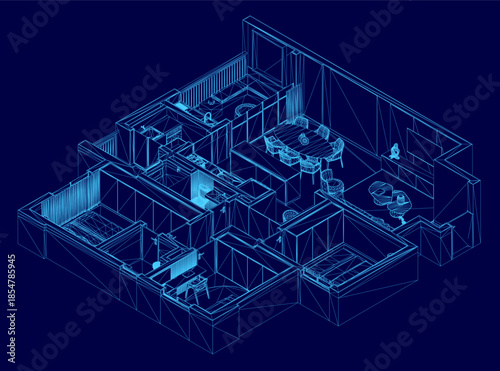 Detailed blueprint of a house floor plan on a blue background, highlighting the kitchen and living room layout. This architectural wireframe provides a clear view of the apartment's interior design.
