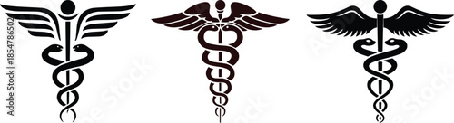 Caduceus symbol vector illustration, black silhouette icon set, medical staff with serpents, healthcare emblem design, wings and snake graphic, isolated sketch
