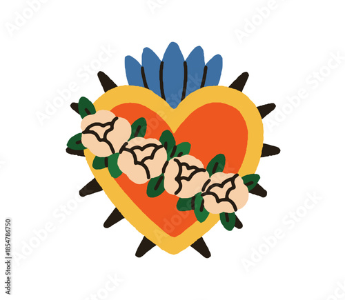Mexican heart, love symbol with rose flowers, leaves, spikes and crown. Sacred corazon with spiky barbed frame, floral ornament in Mexico style. Flat vector illustration isolated on white background