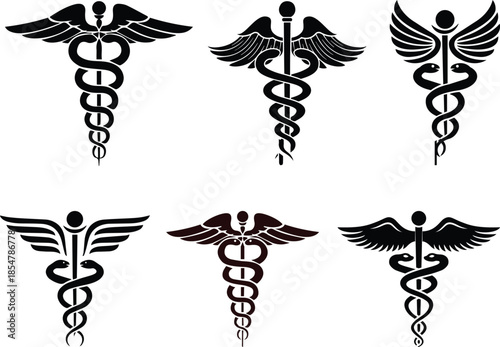 Caduceus symbol vector illustration, black silhouette icon set, medical staff with serpents, healthcare emblem design, wings and snake graphic, isolated sketch