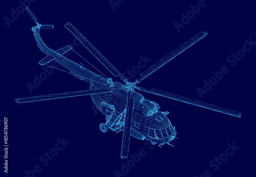 A detailed 3D wireframe model of a military helicopter floats against a solid blue background, revealing its complex internal structure and mechanical blueprint.