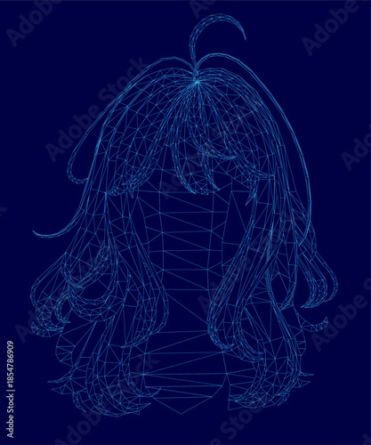 A woman with long hair is depicted in a low poly wireframe style, creating an intricate digital portrait on a solid blue background.