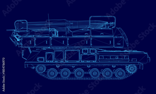 Detailed blueprint of a military tank with a rocket launcher turret, shown in precise wireframe illustration. The complex tracks and mechanical features stand out against a solid blue background.