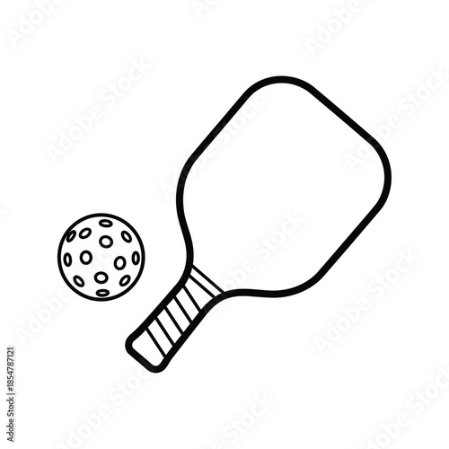 a simple black and white line drawing depicts a pickleball paddle and ball representing the popular racquet sport and its equipment