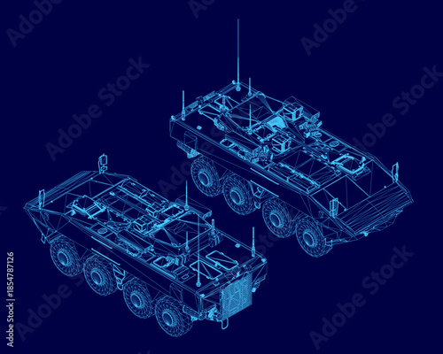 Two armored personnel carriers in blueprint wireframe design on a solid blue background, ideal for military technology concepts.
