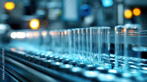 Automated Production Line with Blue Tinted Glass Vials Under Fluorescent Light in Pharmaceutical Manufacturing and Factory Setting