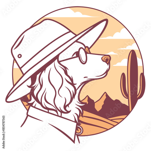 Playful Sleepy American Water Spaniel design, styled with wearing glasses and Sundown Glow shades in a Desert sunset setting