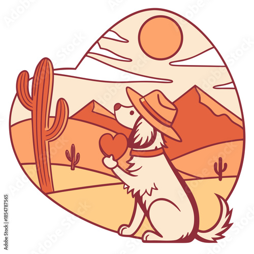 Vector illustration of a Funny American Water Spaniel with holding a heart, styled in a Desert sunset theme using Sundown Glow colors