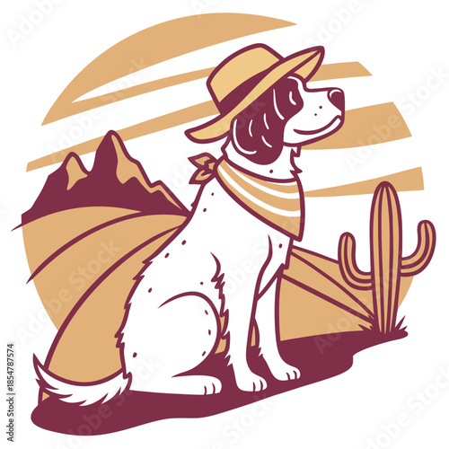 Cute Amused American Water Spaniel, accessorized with with a scarf, in a Desert sunset world – Sundown Glow palette vector