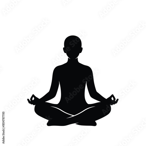 a silhouette of a person meditating in the lotus position against a plain white background suggesting calmness and serenity