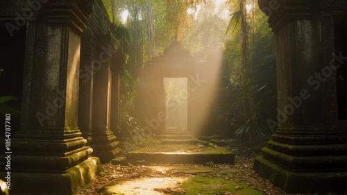 Ancient temple in lush jungle environment with dramatic sunlight