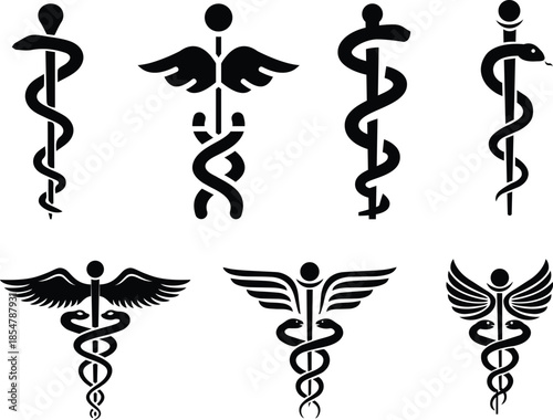 Caduceus symbol vector illustration, black silhouette icon set, medical staff with serpents, healthcare emblem design, wings and snake graphic, isolated sketch