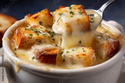 Close Up of French Onion Soup Topped with Croutons and Melted Cheese in White Ceramic Bowl on Dark Blue Background