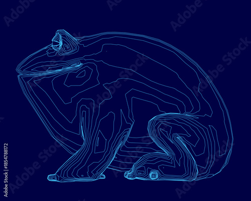 A fat frog contour in a thick blue line drawing sits isolated on a solid dark blue background.