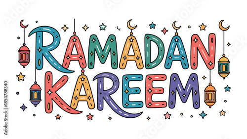 Ramadan Kareem Illustration: Festive and colorful Ramadan Kareem message, with stars, lanterns, and crescents, wishing blessings and generosity.