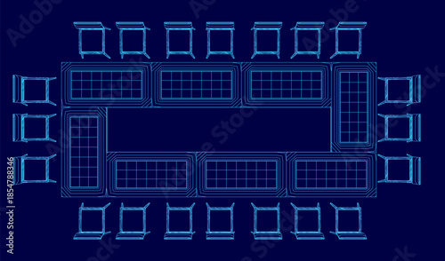 Top view blueprint of a modern conference room features a long central table surrounded by chairs, with detailed architectural elements
