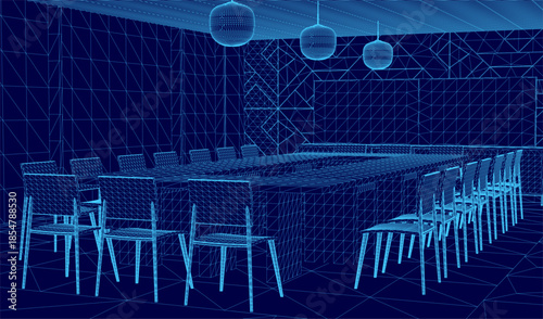 A 3D wireframe model of a modern conference room, featuring a long central table surrounded by chairs and illuminated by hanging ceiling lights.