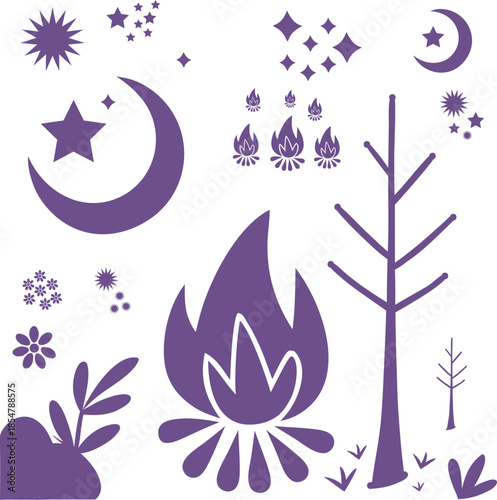 Night sky and outdoor adventure elements featuring stars, moon, campfires, and trees