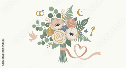 Wedding Bouquet with Rings and Ribbon Vector Illustration