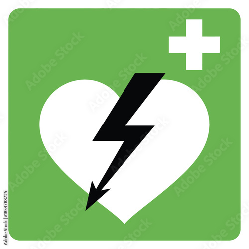 A vibrant green square displays a white medical cross above a black heart struck by a lightning bolt symbolizing emergency medical