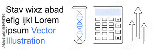 Science, education, biotechnology, data analysis, business growth, laboratory research. Test tube with DNA helix, arrows digital calculator. Science and education topics