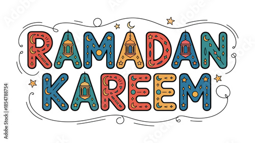 Ramadan Kareem: A festive and vibrant display of Ramadan Kareem, the message is artistically designed with colorful letters.  Embracing the spirit of generosity.