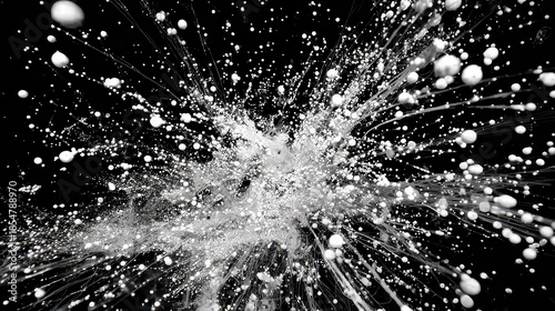 Exploding White Particles on Black Background with Dynamic Lines and Bright Center in a Chaotic Abstract Design with Radial Symmetry