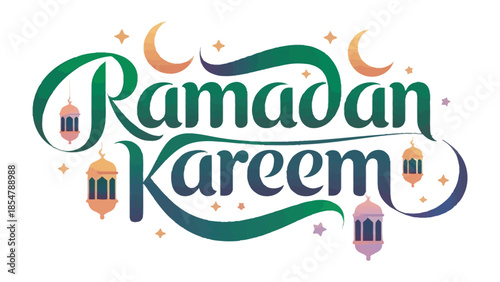 Ramadan Kareem: Illustrative Ramadan design featuring decorative lettering, crescent moons, and ornate lanterns, perfect for festive seasonal greetings.