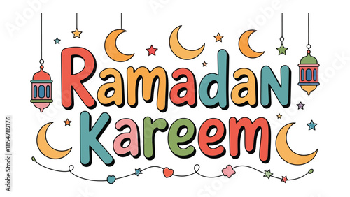 Ramadan Kareem: Vibrant greeting text with decorative elements perfect for holiday celebration. 