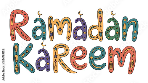 Ramadan Kareem: Decorative hand-drawn lettering conveying blessings and goodwill for the holy month, featuring illuminated lanterns and crescent moon.