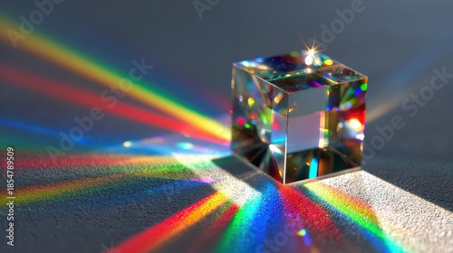 Optical Crystal Cube Prism Diffraction Light Beams on Gray Surface Creating Rainbow Spectrum