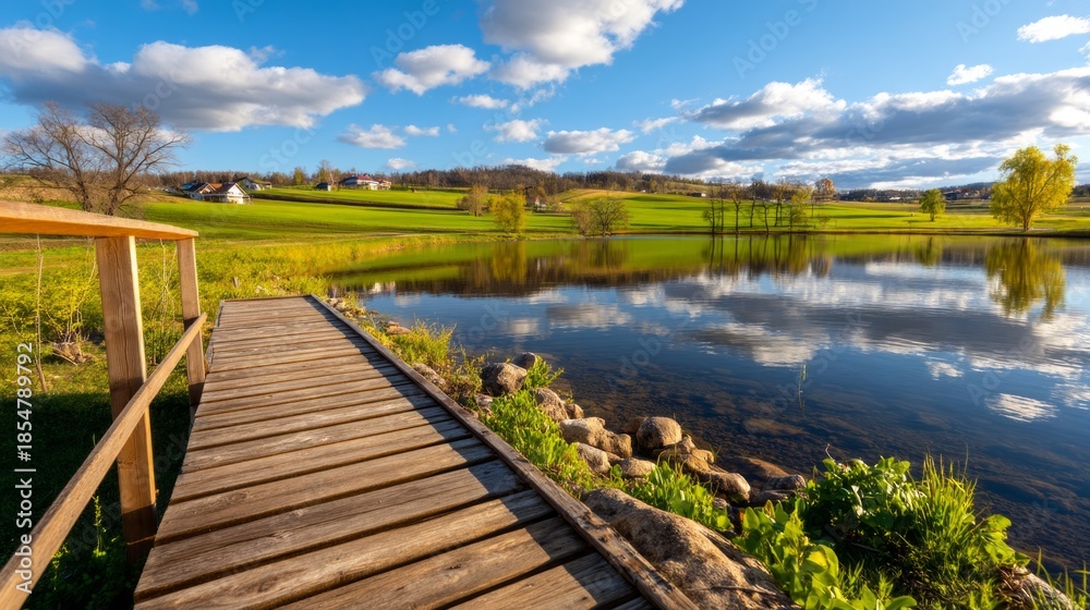 Obraz premium Serene Old Wooden Dock Extending into Calm European Rural Lake Landscape