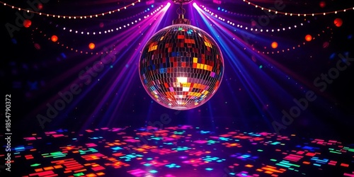 A mirrored disco ball throws kaleidoscopic light patterns across a dark, whimsical dance floor,  reflection,  spinning