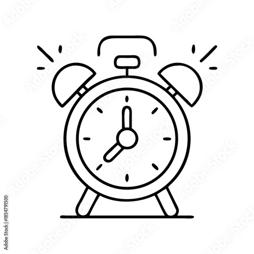Simple black line art outline alarm clock ringing on white