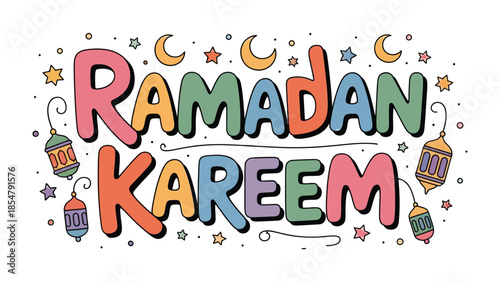 Ramadan Kareem: A vibrant and colorful illustration of the greeting Ramadan Kareem, capturing the spirit of the holy month with decorative elements such as lanterns, stars, and crescent moons. 