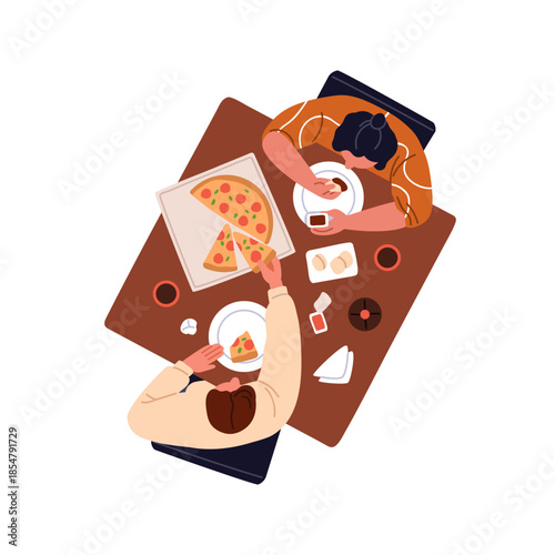 People eating pizza, having meal, dinner, top above view. Friends couple over...
