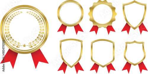 Luxury gold shield badges with red ribbons, laurel wreath, royal crown, star,  premium, badges, awards, recognition icons.