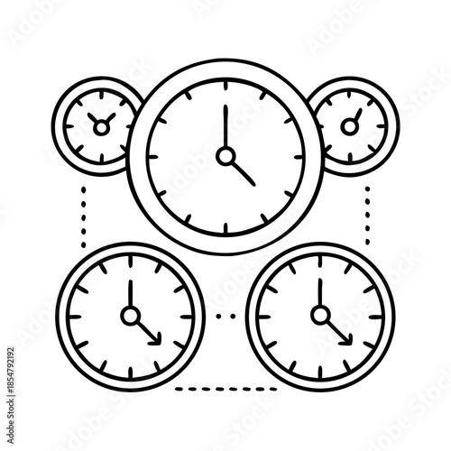 Black outline illustration of five analog clocks showing time.
